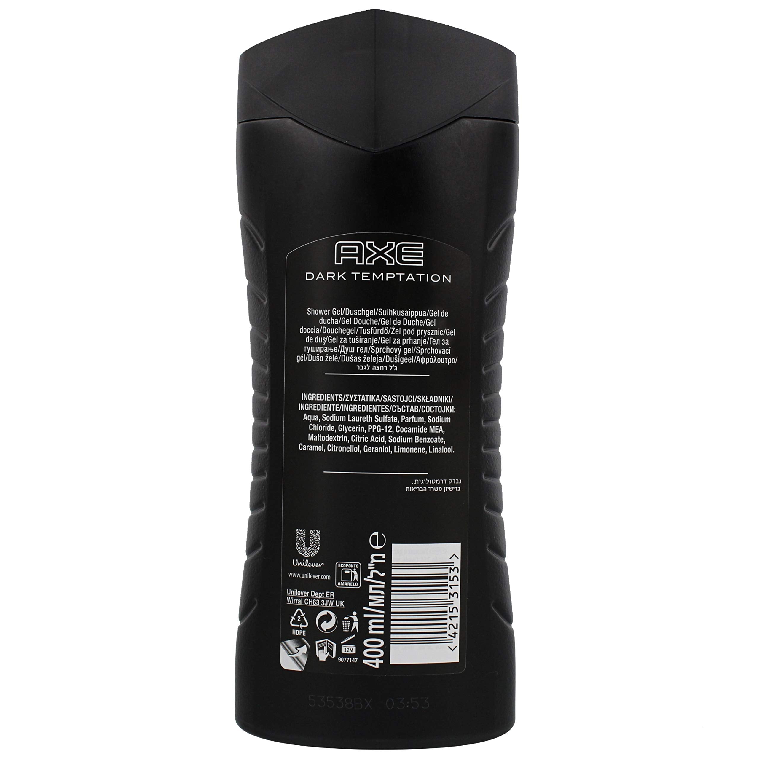 AXE Dark Temptation rich foam shows a creamy lather that covers body for a refreshing cleanse.