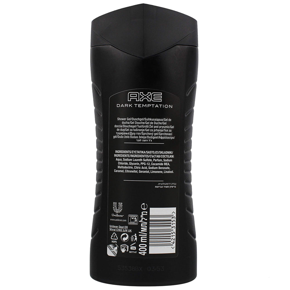 AXE Dark Temptation rich foam shows a creamy lather that covers body for a refreshing cleanse.
