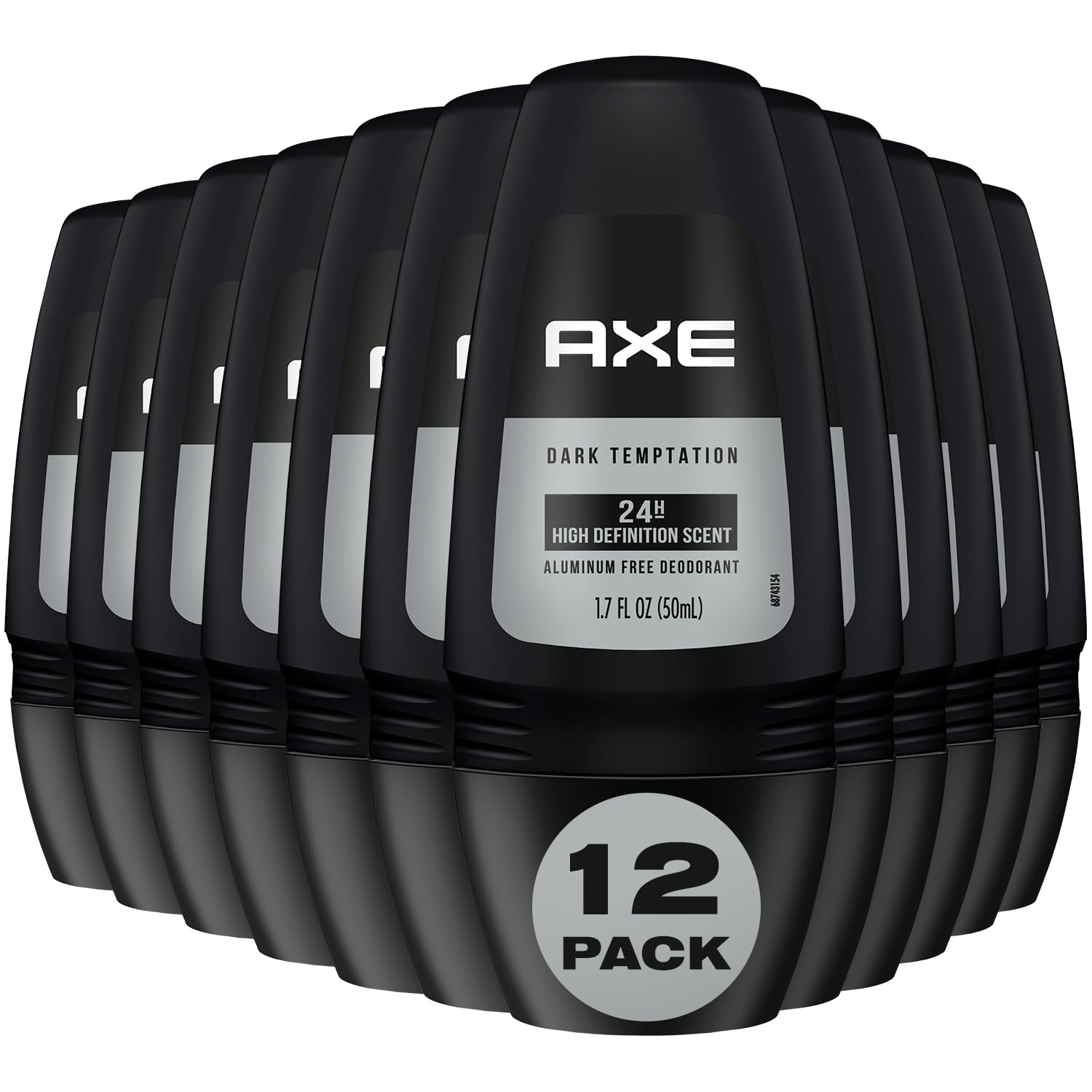 AXE Dark Temptation roll-on bottle closeup with aluminum-free formula for lasting freshness.