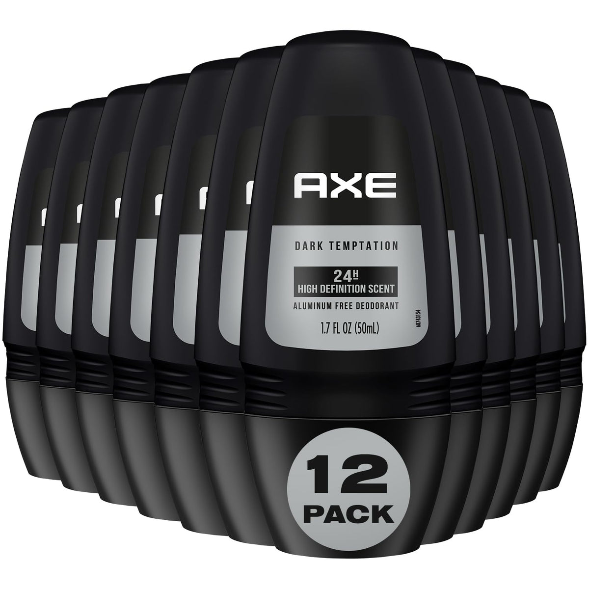 AXE Dark Temptation roll-on bottle closeup with aluminum-free formula for lasting freshness.