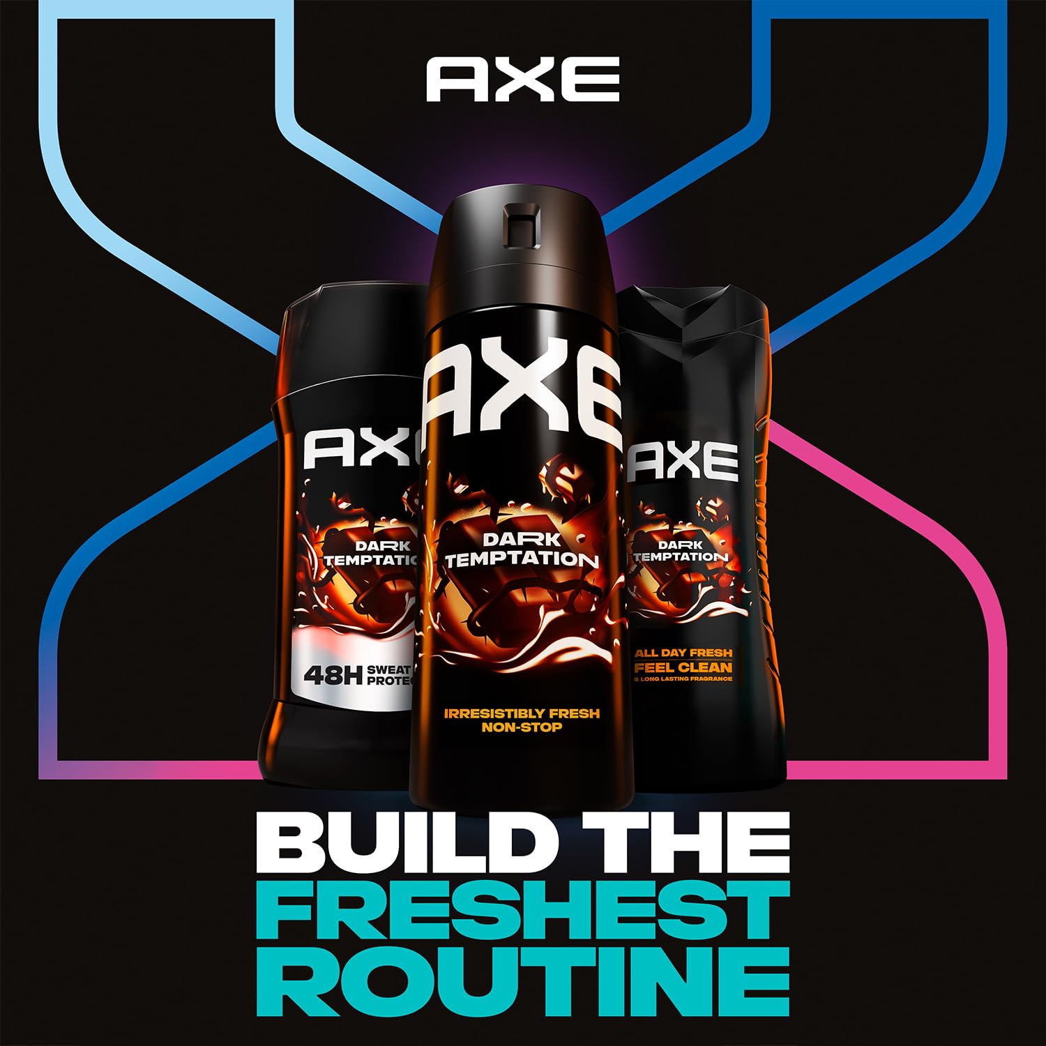 AXE Dark Temptation scent profile visual with chocolate and woody notes.