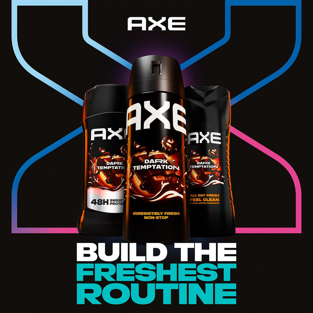 AXE Dark Temptation scent profile visual with chocolate and woody notes.