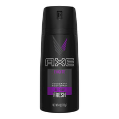AXE Excite bottle cap closeup showing compact 4 oz size for on-the-go freshness.