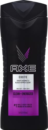 AXE Excite bottle pour captured mid-pour, revealing rich lather for a thorough cleanse