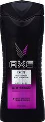 AXE Excite bottle pour captured mid-pour, revealing rich lather for a thorough cleanse