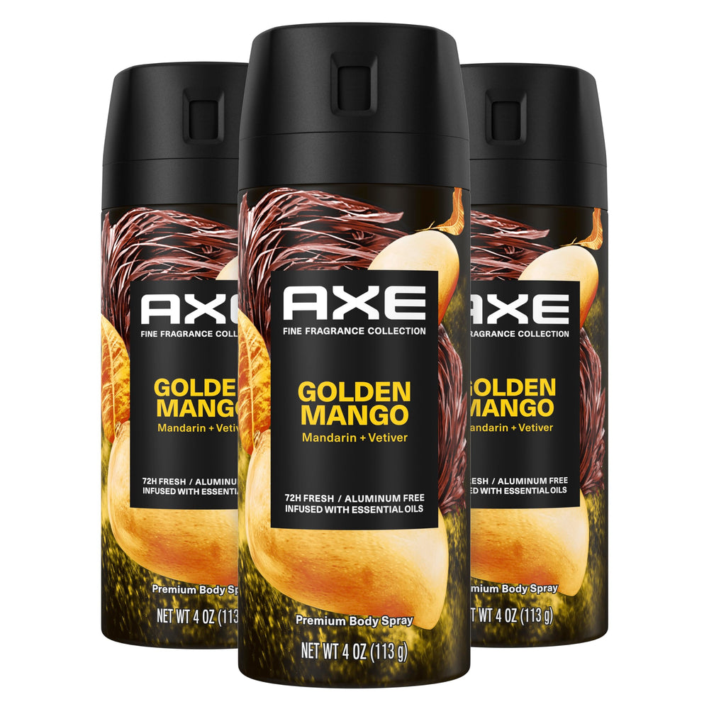 AXE Golden Mango deodorant spray 3-pack delivers long-lasting freshness.