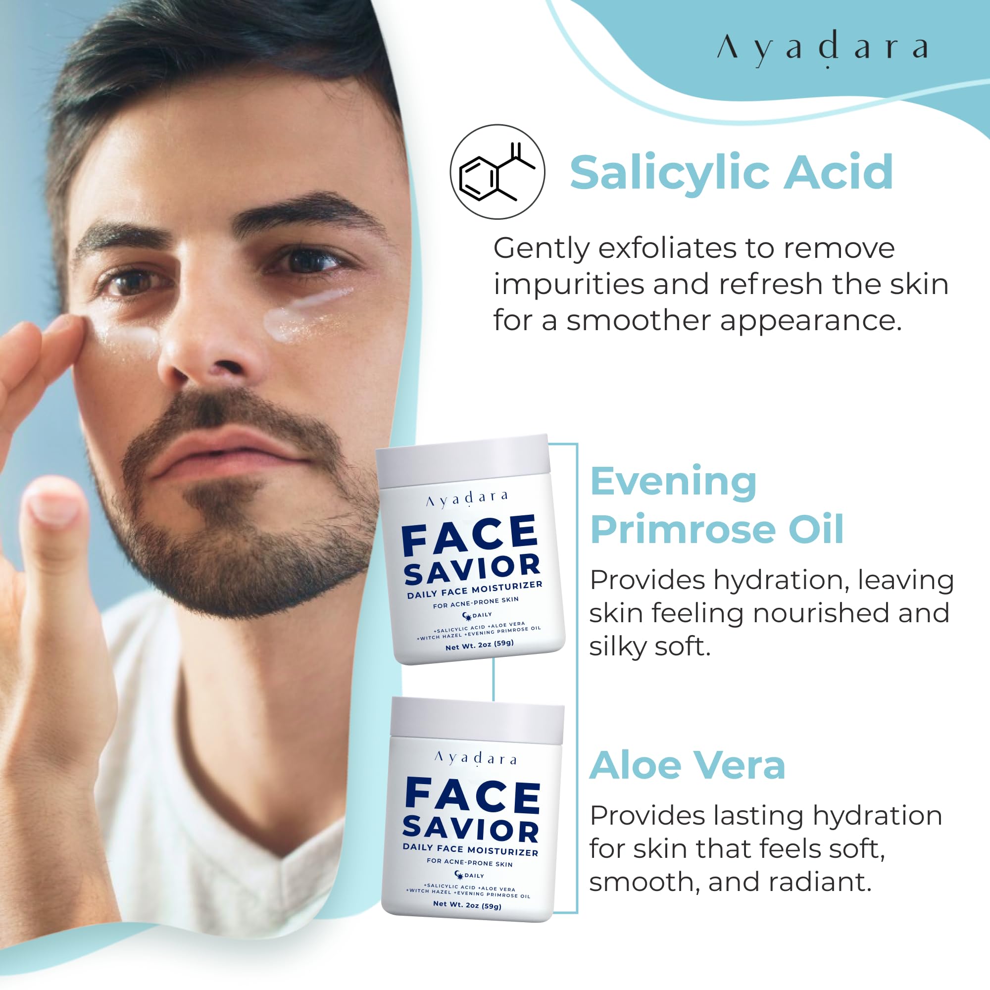 Ayadara Acne Facial Moisturizer ingredients label highlighting salicylic acid and oil control