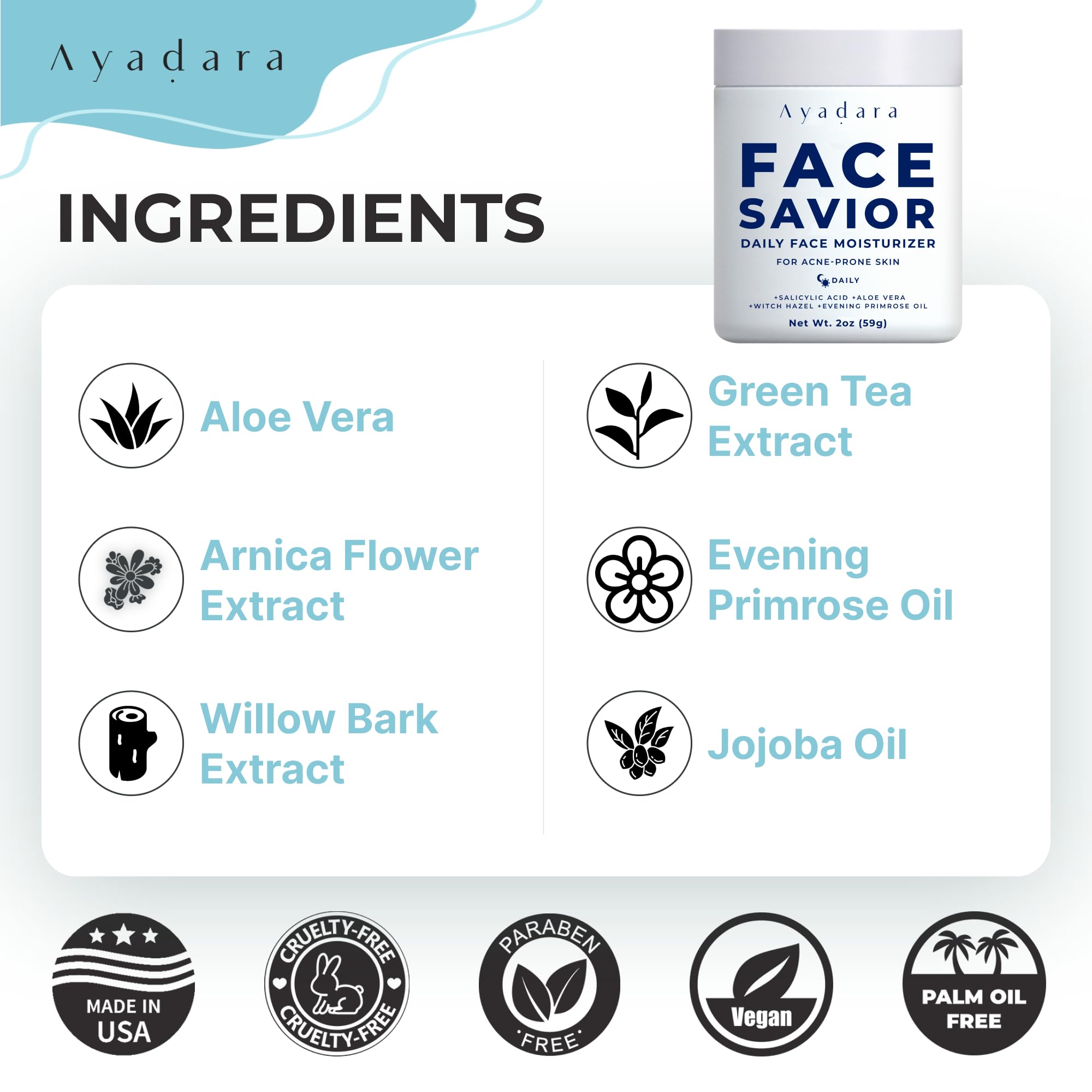 Ayadara Acne Facial Moisturizer packaging box with product details and usage tips