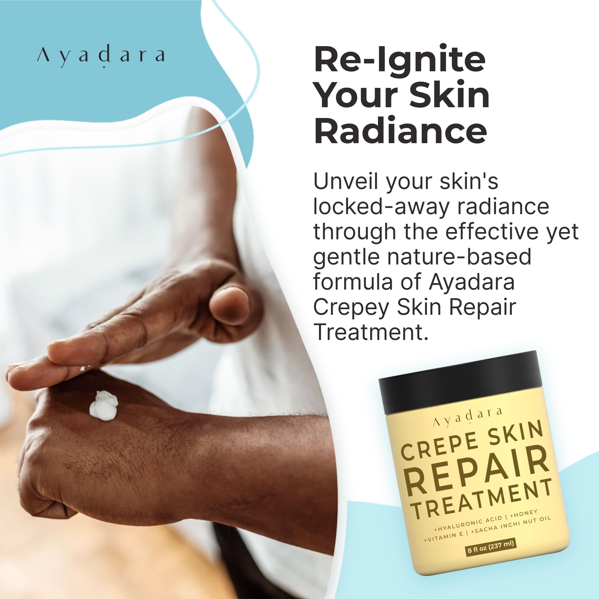 AYADARA Crepey Skin Repair Cream after cleansing promotes a smoother look.
