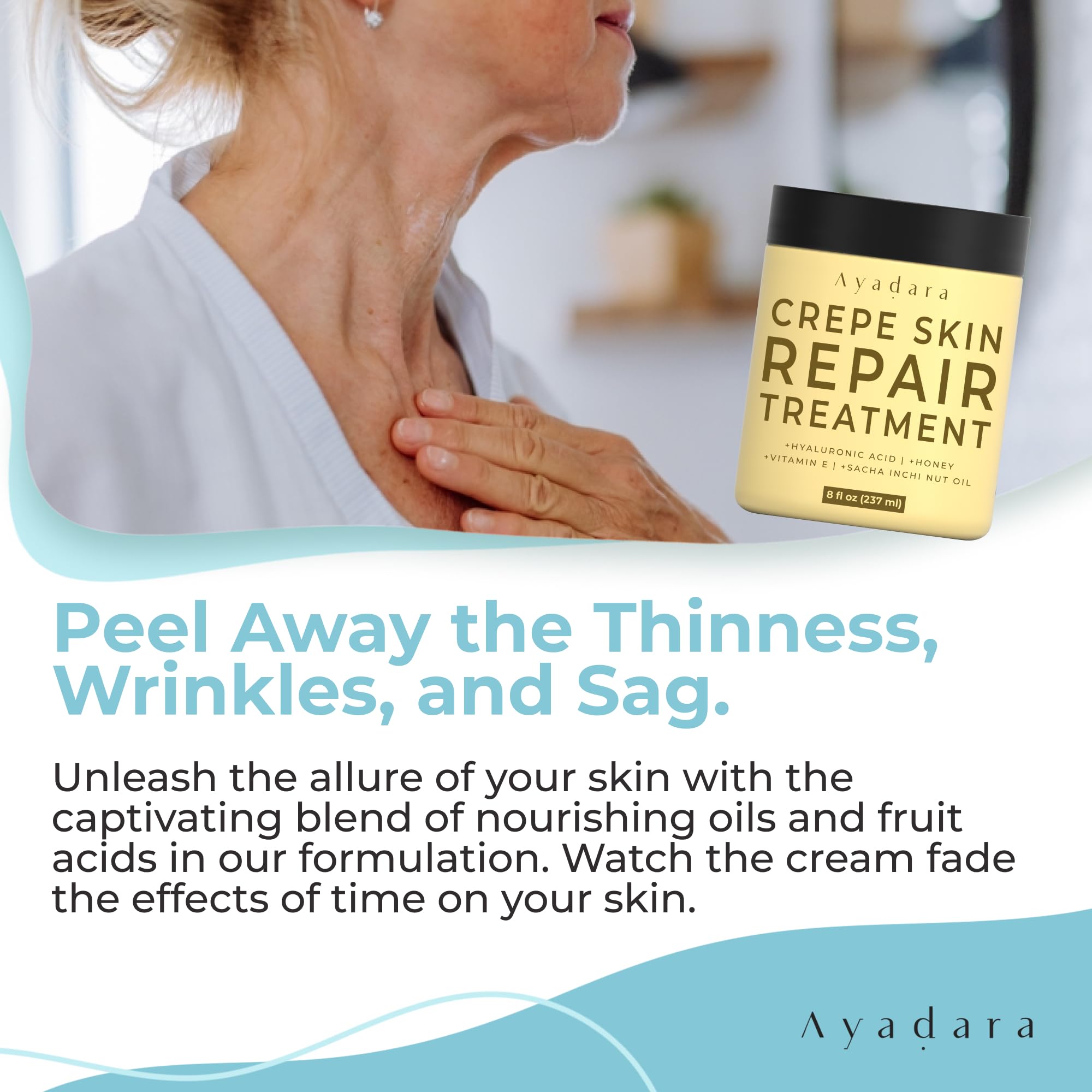 AYADARA Crepey Skin Repair Cream applied to arm and neck for firming.