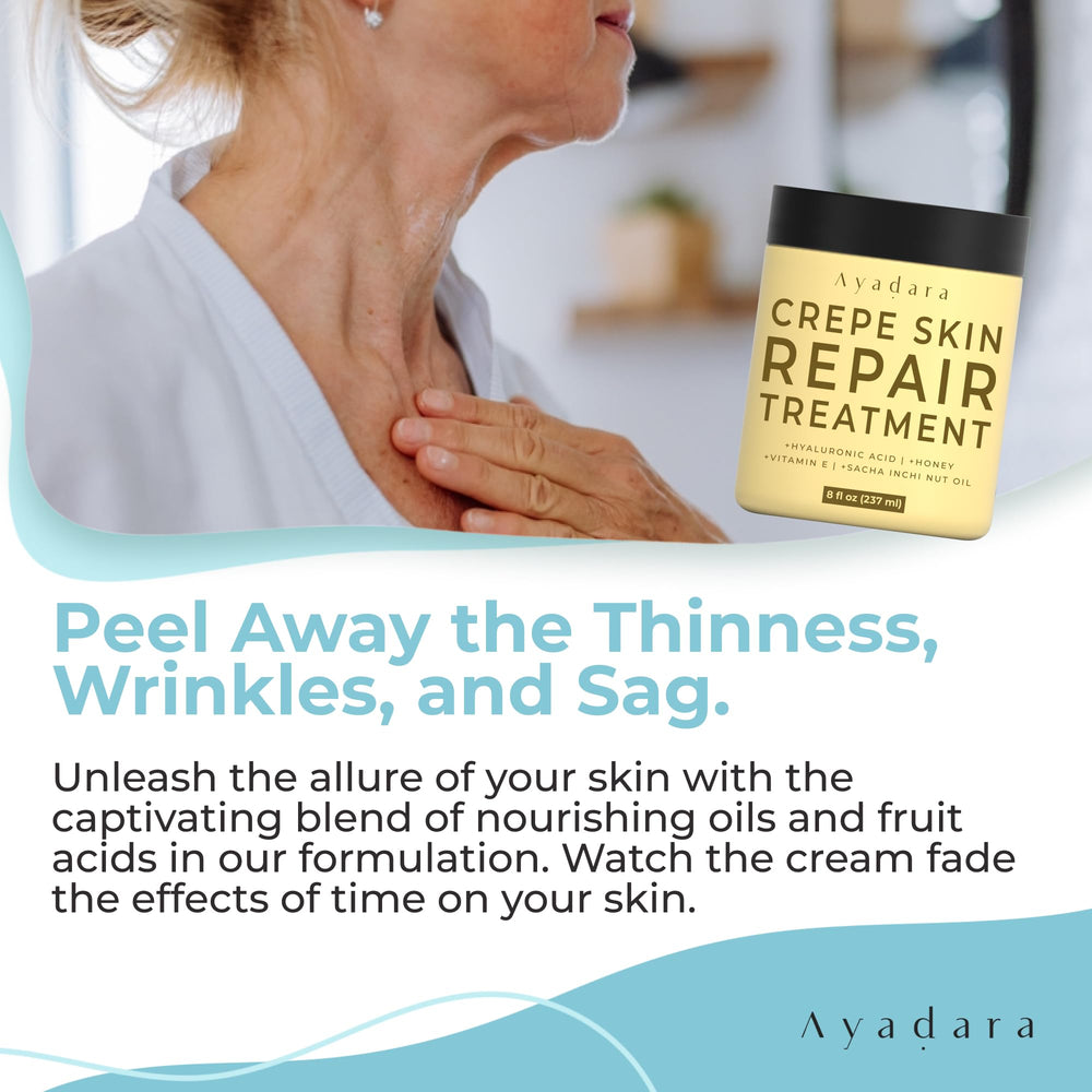 AYADARA Crepey Skin Repair Cream applied to arm and neck for firming.