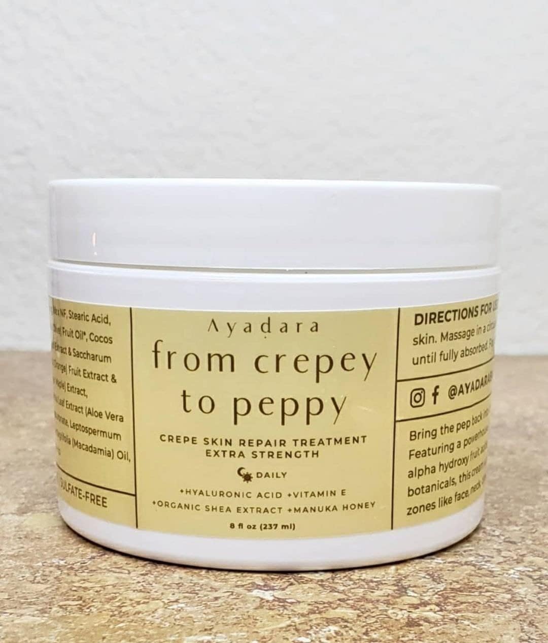 AYADARA Crepey Skin Repair Cream closeup texture shows rich, smoothing formula.