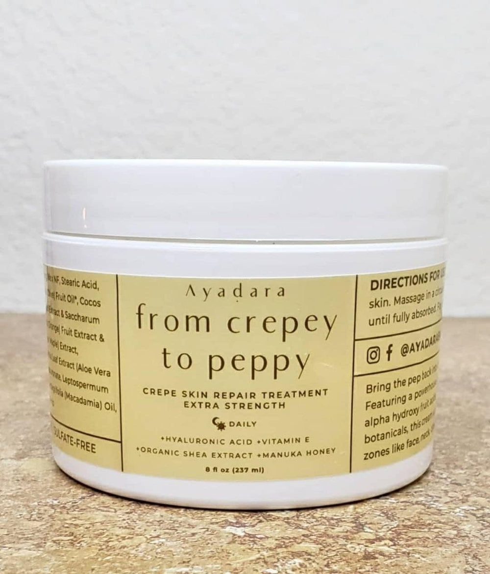 AYADARA Crepey Skin Repair Cream closeup texture shows rich, smoothing formula.