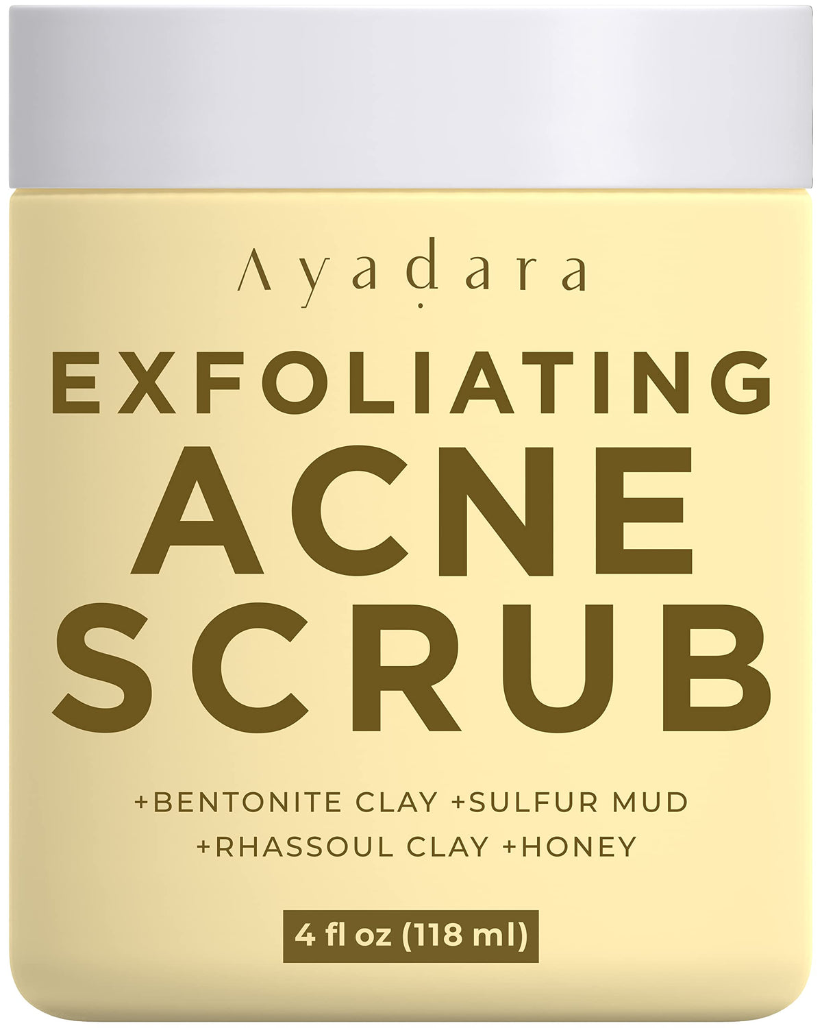 AYADARA Exfoliating Acne Scrub jar close-up for gentle cleansing and smoother skin