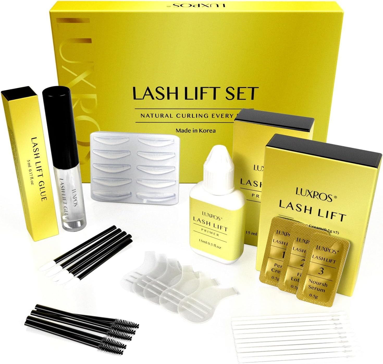 AYASAL Lash Lift Kit before-after visuals demonstrate dramatic curl without damage.