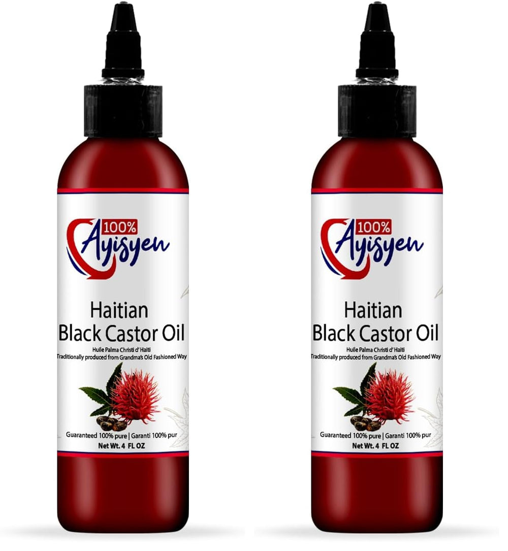 100% AYISYEN Haitian Black Castor Oil bottle ready for hair care routine