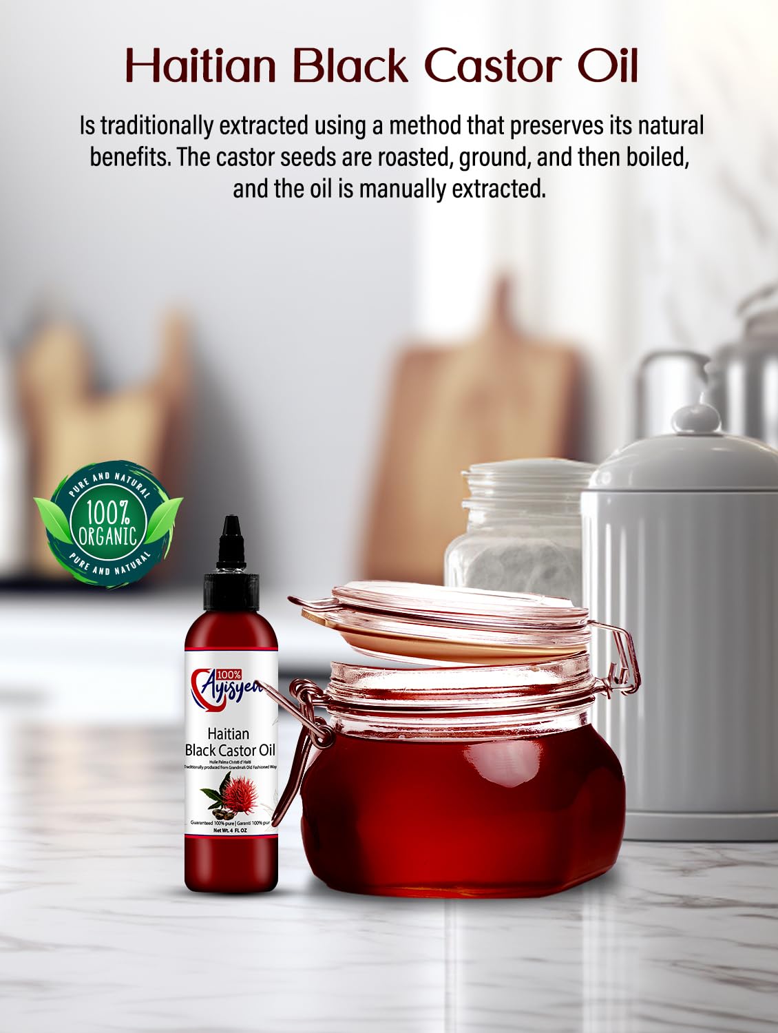 Label of 100% AYISYEN Haitian Black Castor Oil highlights traditional extraction