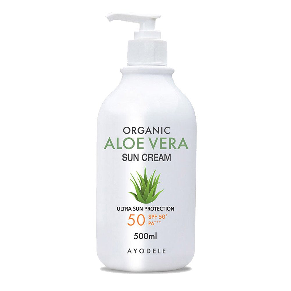 Ayodele aloe vera SPF50+ bottle shows easy, even daily protection.