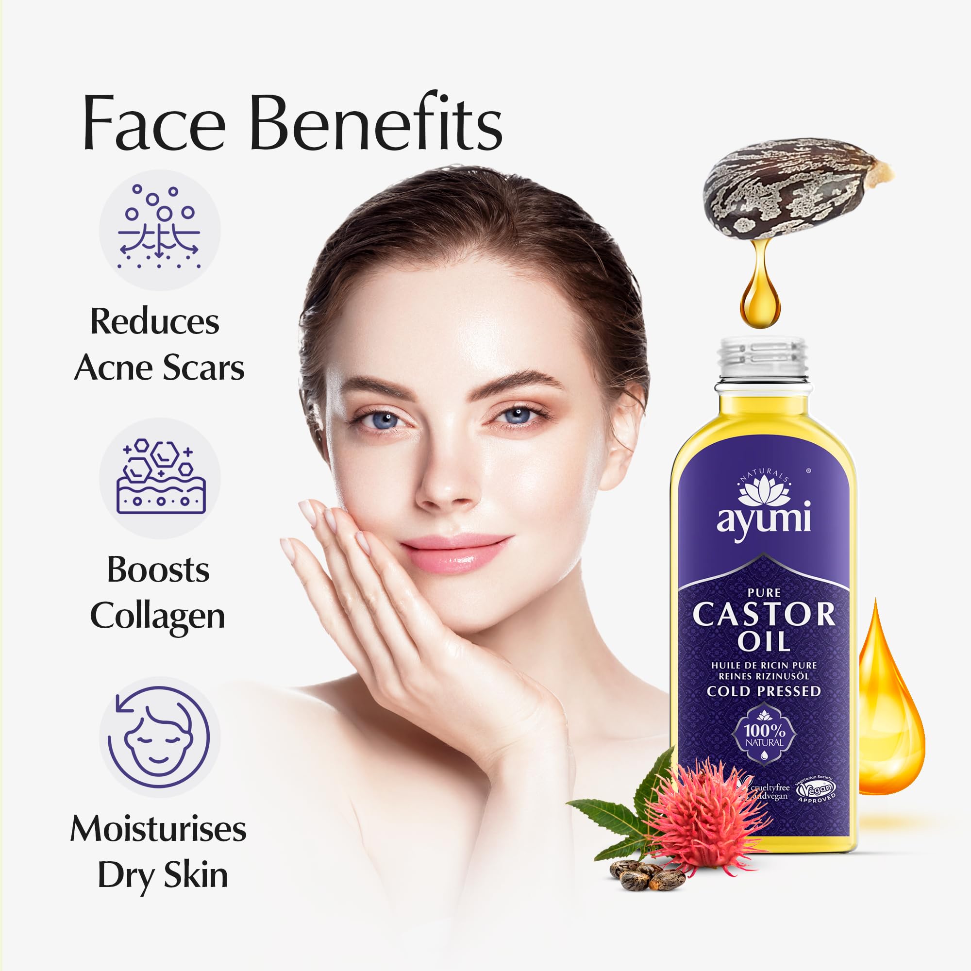 Ayumi Castor Oil for eyelashes boosts lash strength and fullness.