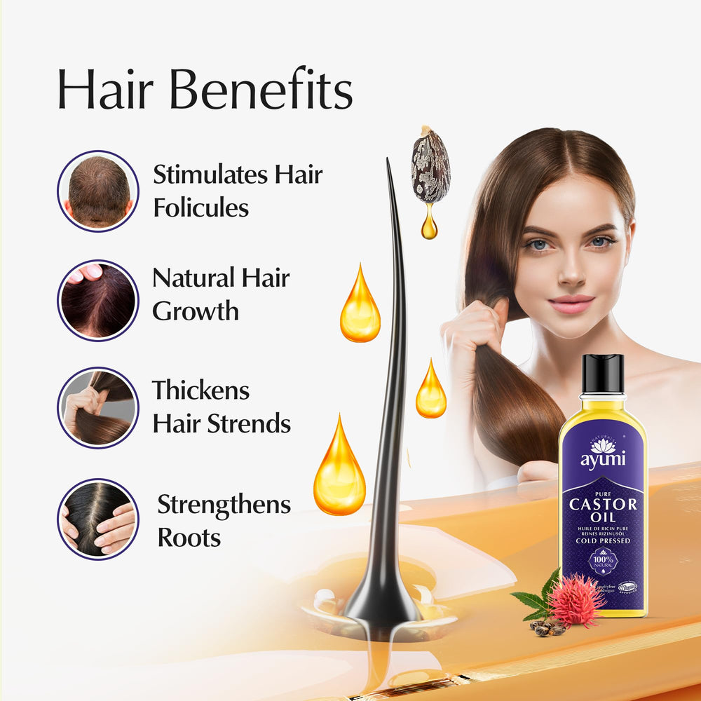 Ayumi Castor Oil for frizzy hair tames strands with shine.