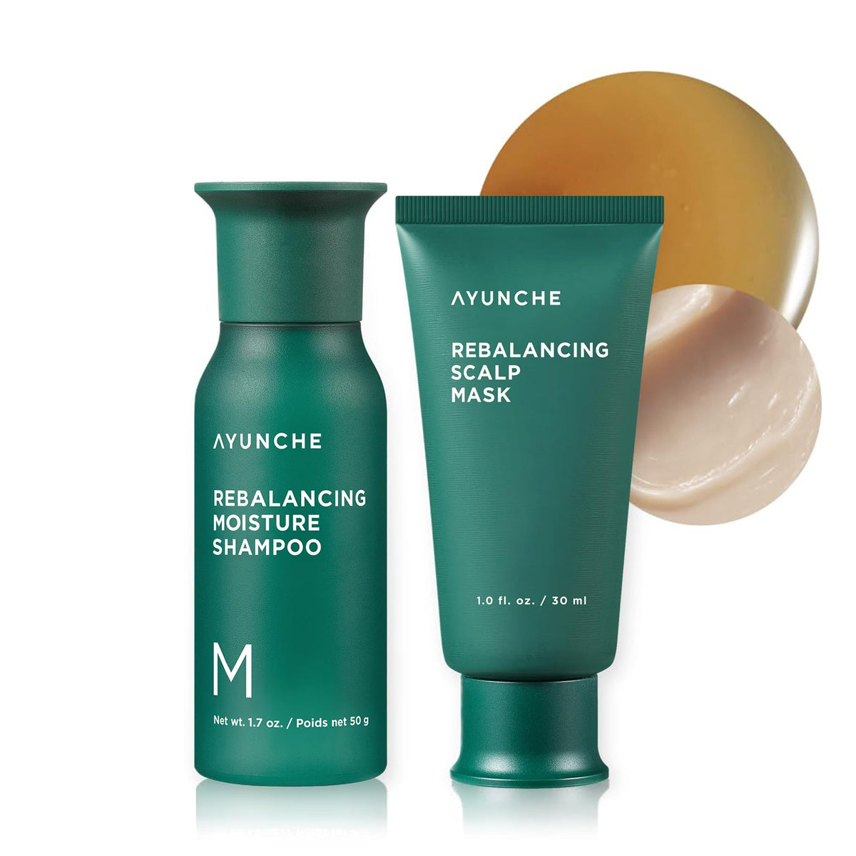 AYUNCHE rebalancing shampoo bottle close-up for balanced scalp care.