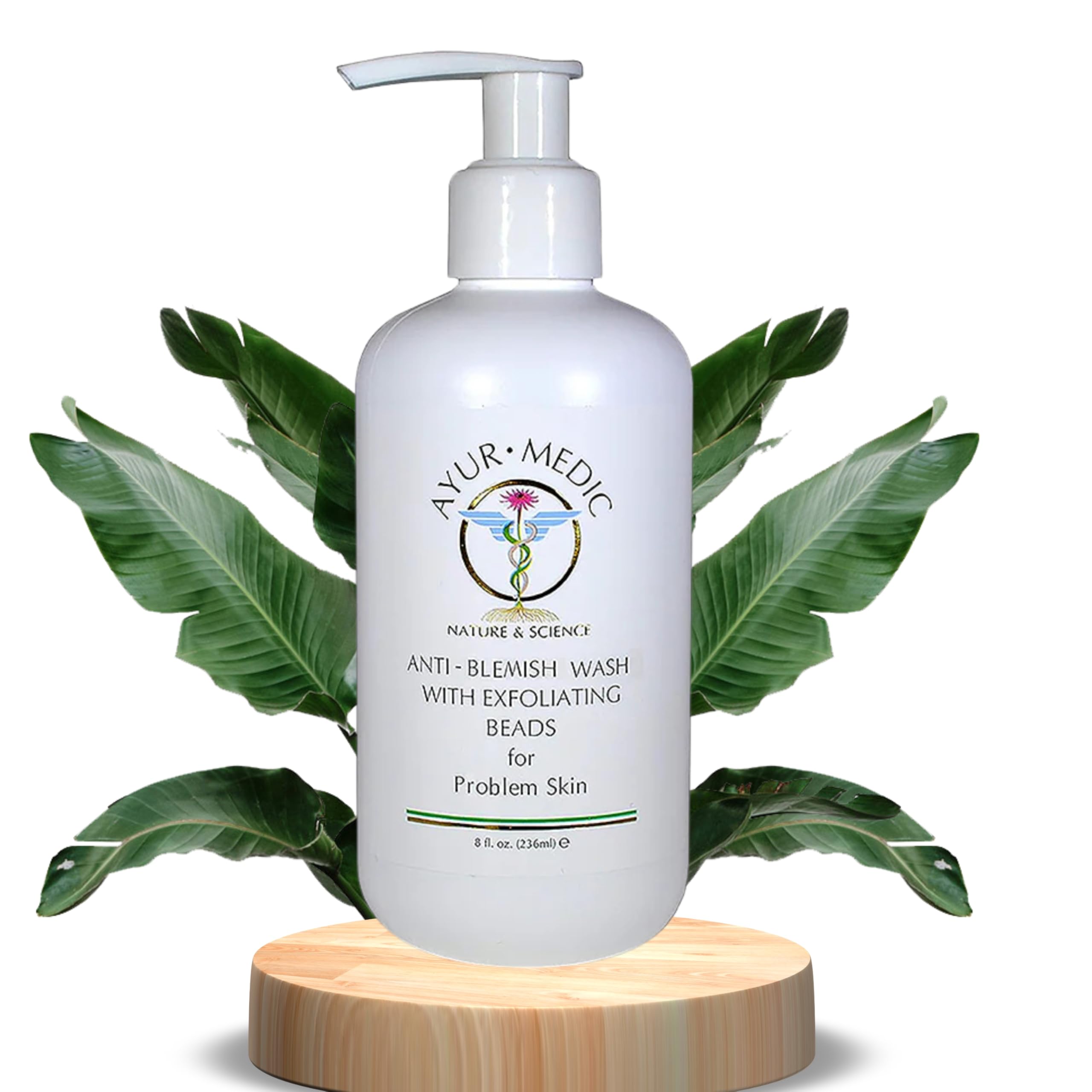 AYUR MEDIC Anti-Blemish Wash bottle demonstrates gentle cleansing for sensitive skin.
