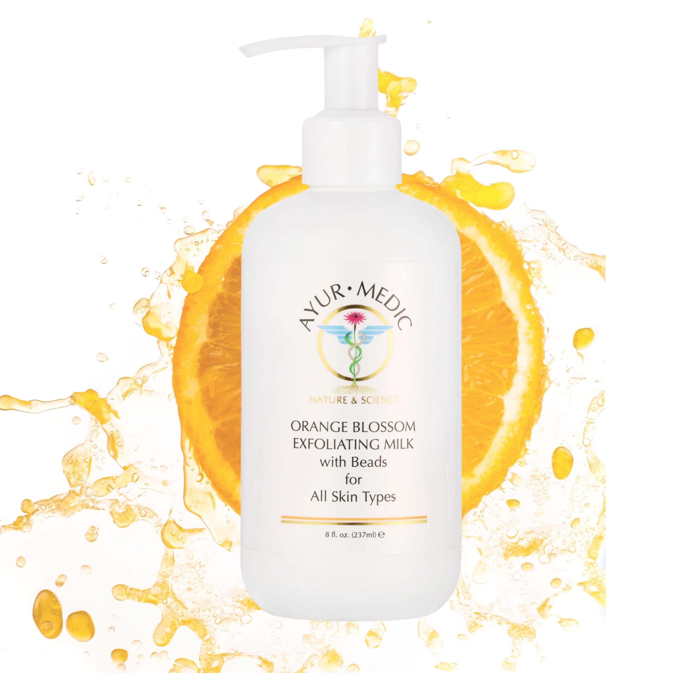 Ayur-Medic Orange Blossom Exfoliating Milk bottle with beads for gentle renewal in all skin types.