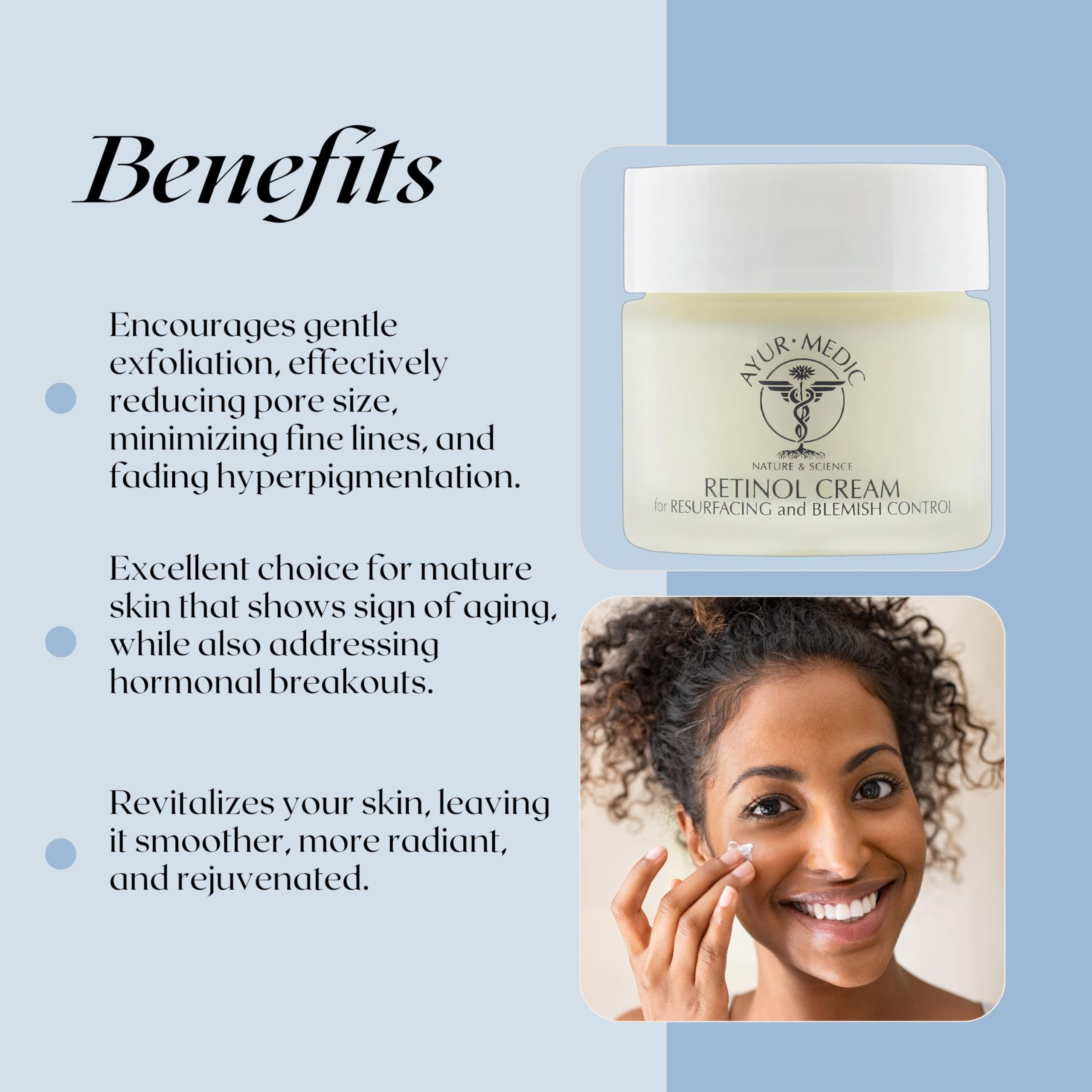 Ayur Medic Retinol Cream on face illustrates even, refined tone over time.