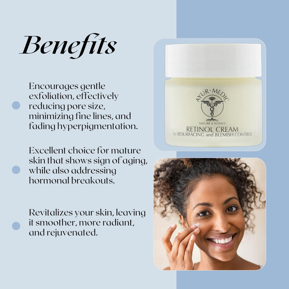 Ayur Medic Retinol Cream on face illustrates even, refined tone over time.