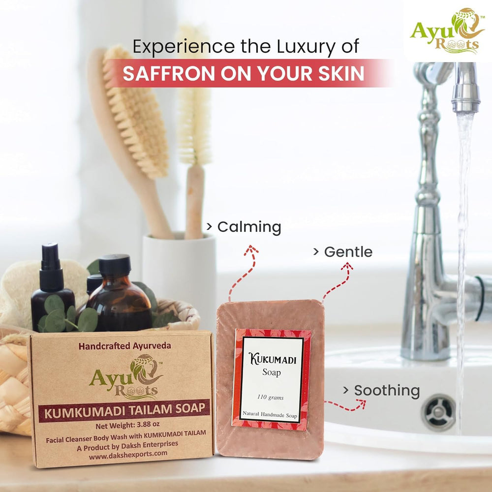 AyuRoots Kumkumadi Tailam soap for body-use delivers a refreshing full-body cleanse.