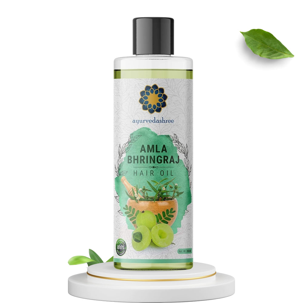 AYURVEDASHREE Hair Oil bottle side view highlighting natural ingredients.