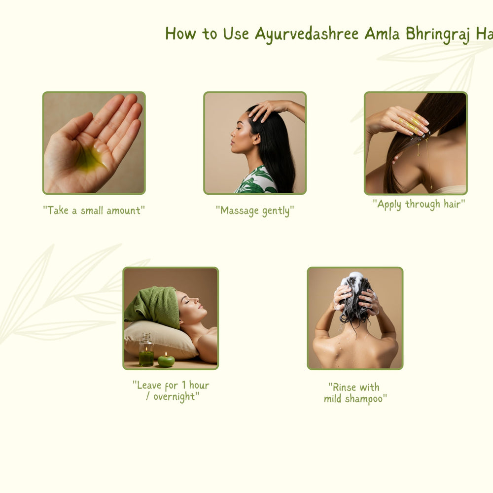 AYURVEDASHREE Hair Oil wooden bowl with traditional application.