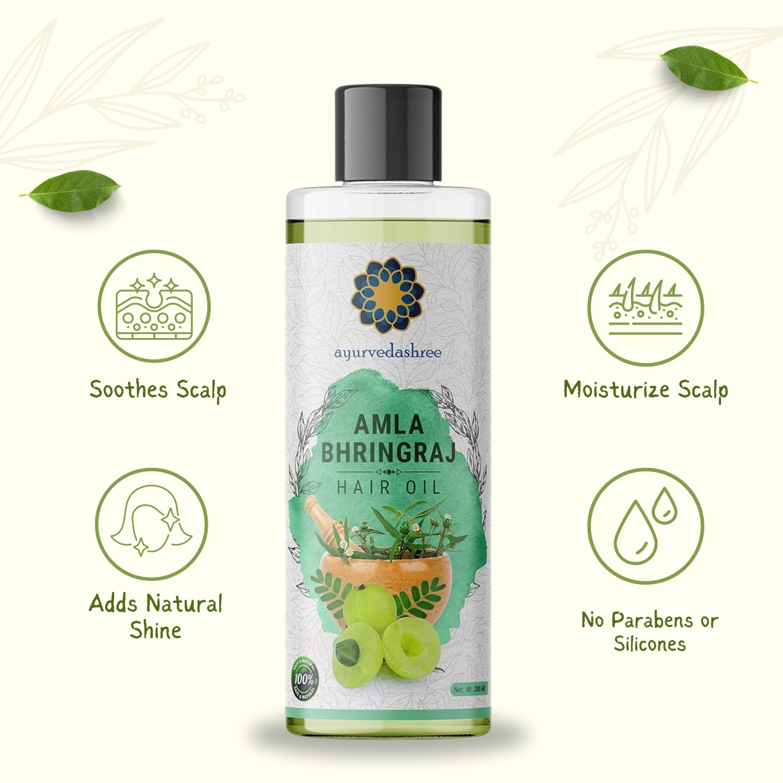 AYURVEDASHREE Hair Oil ingredients scene highlights natural herbs.