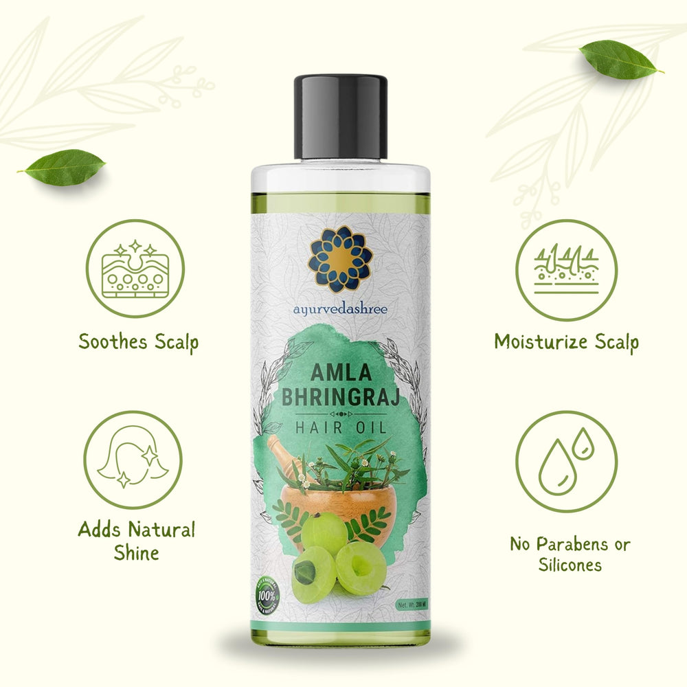 AYURVEDASHREE Hair Oil ingredients scene highlights natural herbs.