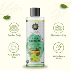 AYURVEDASHREE Hair Oil ingredients scene highlights natural herbs.