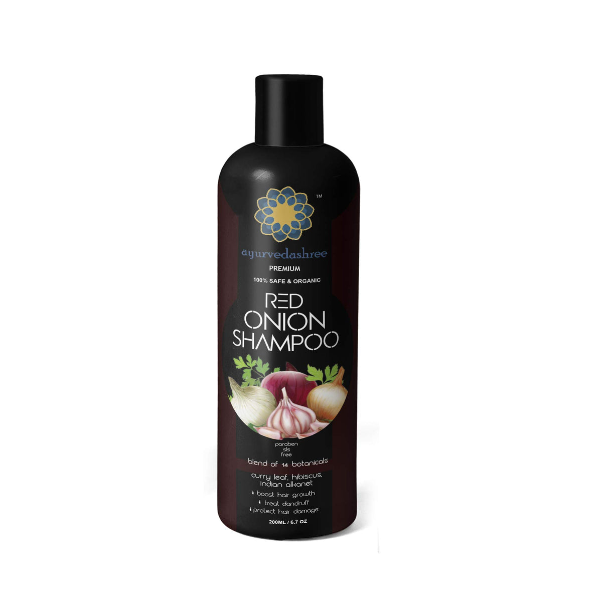 AYURVEDASHREE Red Onion Shampoo bottle supports hair growth and refreshment.