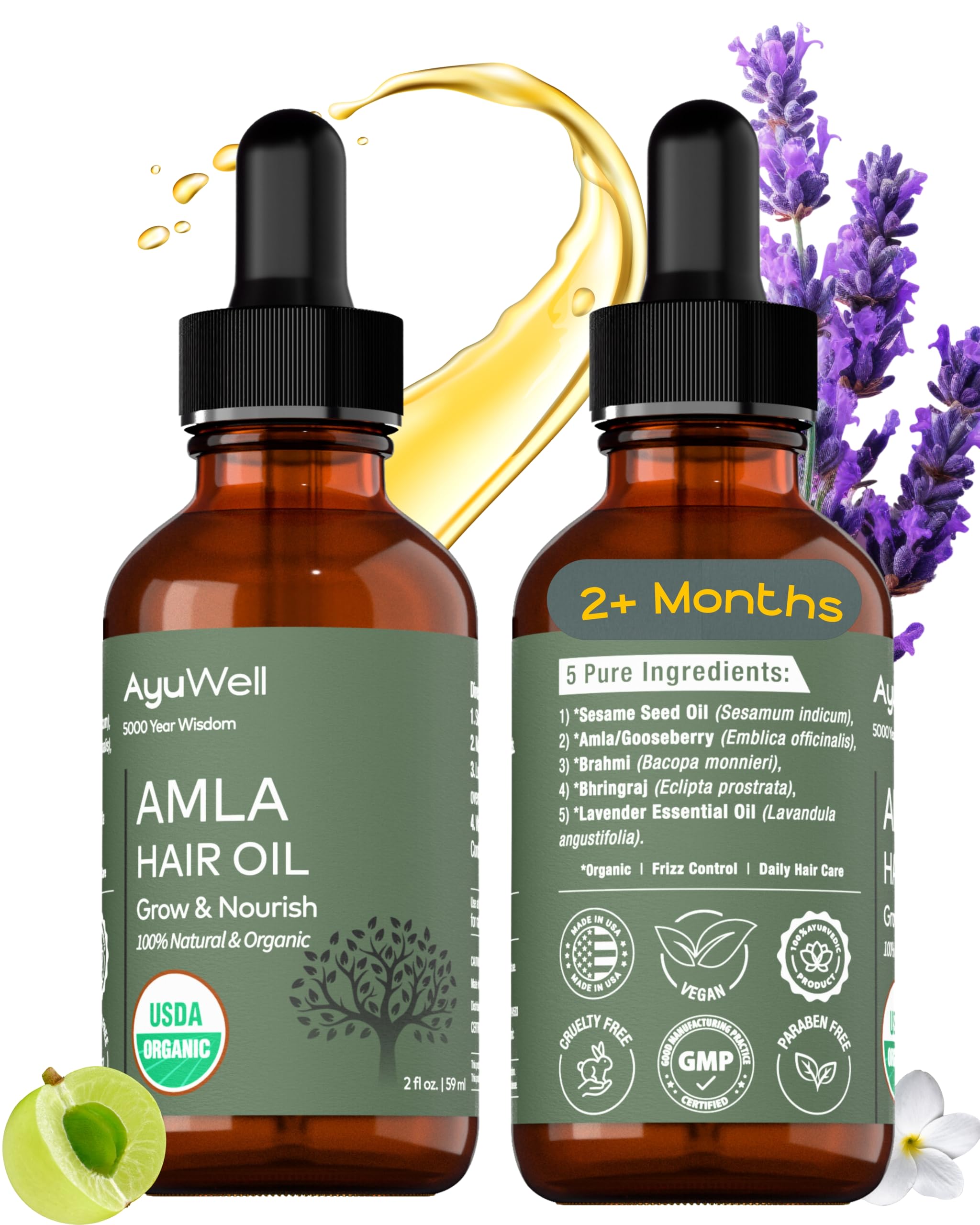 USDA organic label on Ayuwell hair oil bottle highlighting clean ingredients.