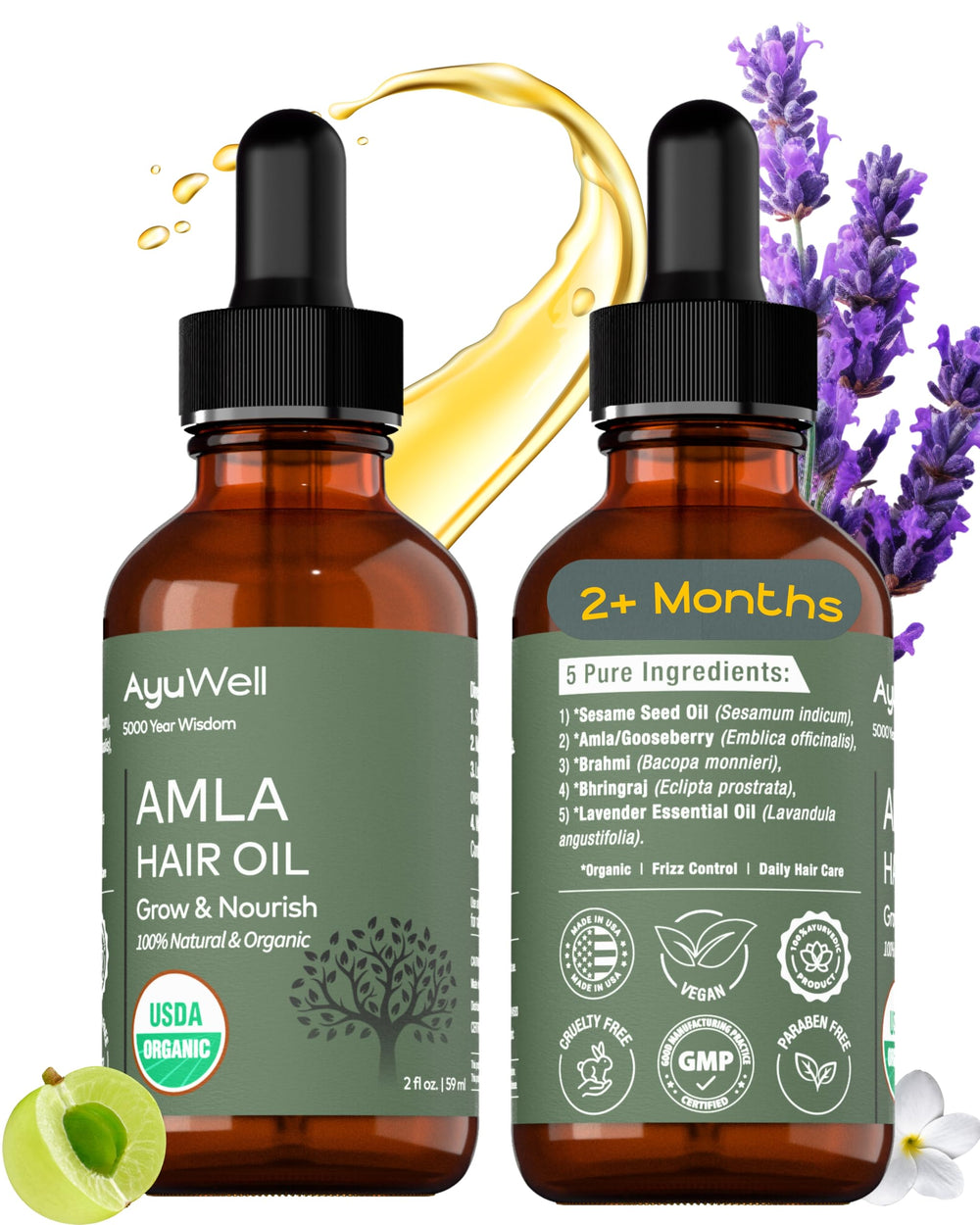 USDA organic label on Ayuwell hair oil bottle highlighting clean ingredients.
