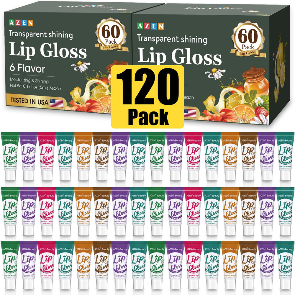 AZEN lip gloss set clear bottle highlights hydrating, glossy finish for daily use.