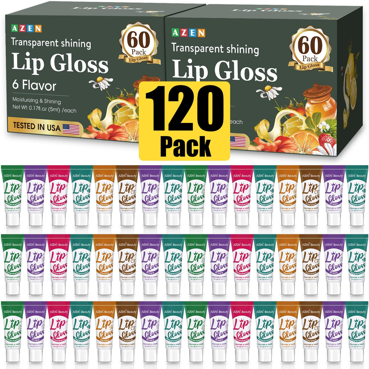 AZEN lip gloss set clear bottle highlights hydrating, glossy finish for daily use.