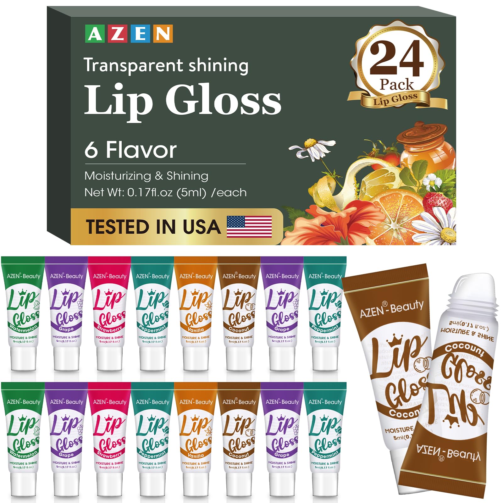 AZEN 24-pack lip gloss set display on shelf shows bulk value for shoppers.