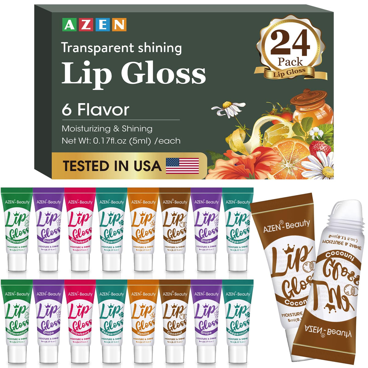 AZEN 24-pack lip gloss set display on shelf shows bulk value for shoppers.