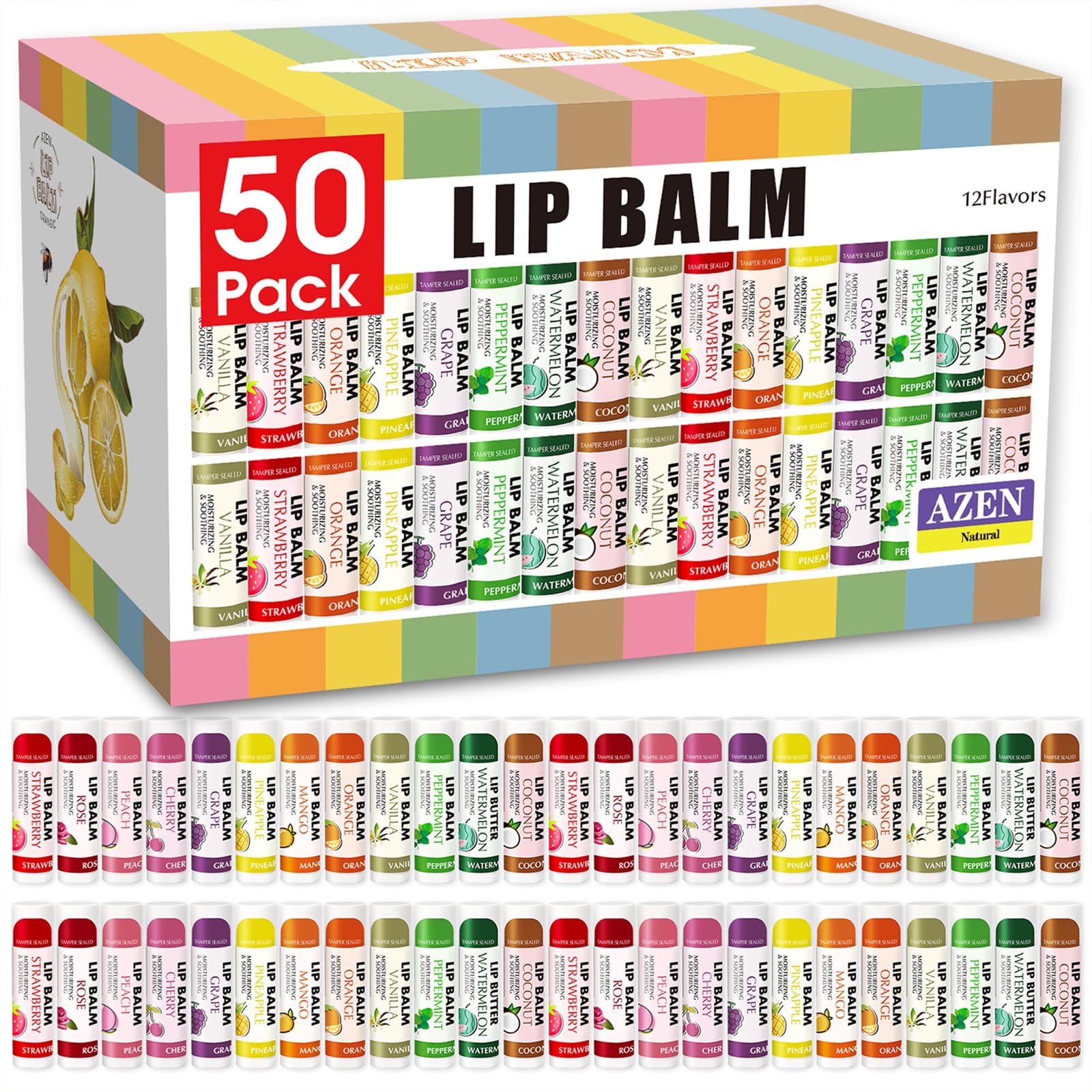 AZEN 50-pack lip balms in assorted flavors for daily moisture.