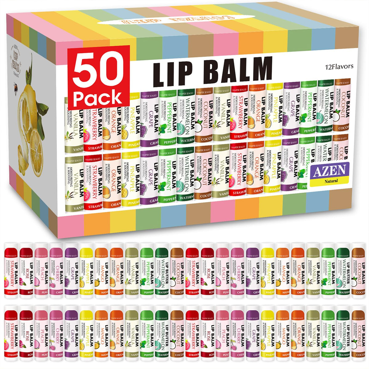 AZEN 50-pack lip balms in assorted flavors for daily moisture.