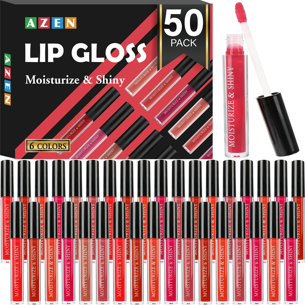 AZEN 50-pack lip gloss bulk set with rich colors for smooth, hydrated lips