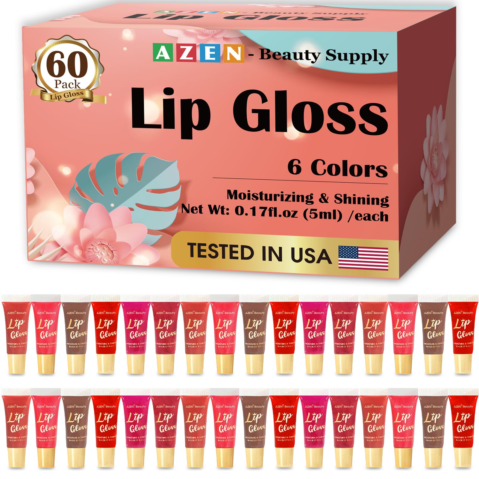 AZEN 60-pack lip gloss set displaying vibrant colors for hydrated everyday lips.