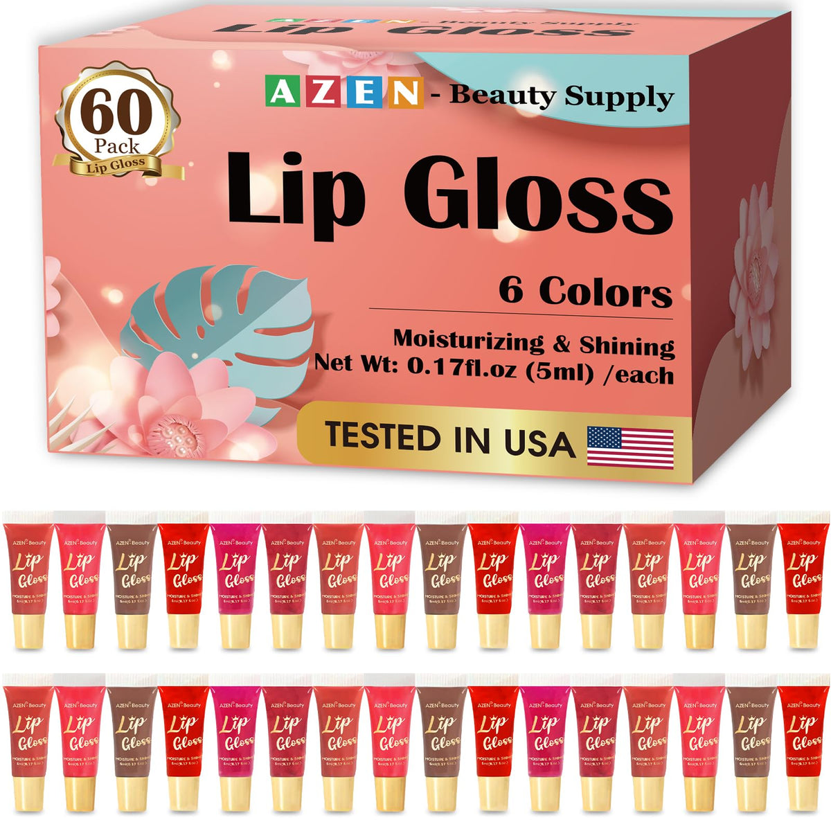 AZEN 60-pack lip gloss set displaying vibrant colors for hydrated everyday lips.
