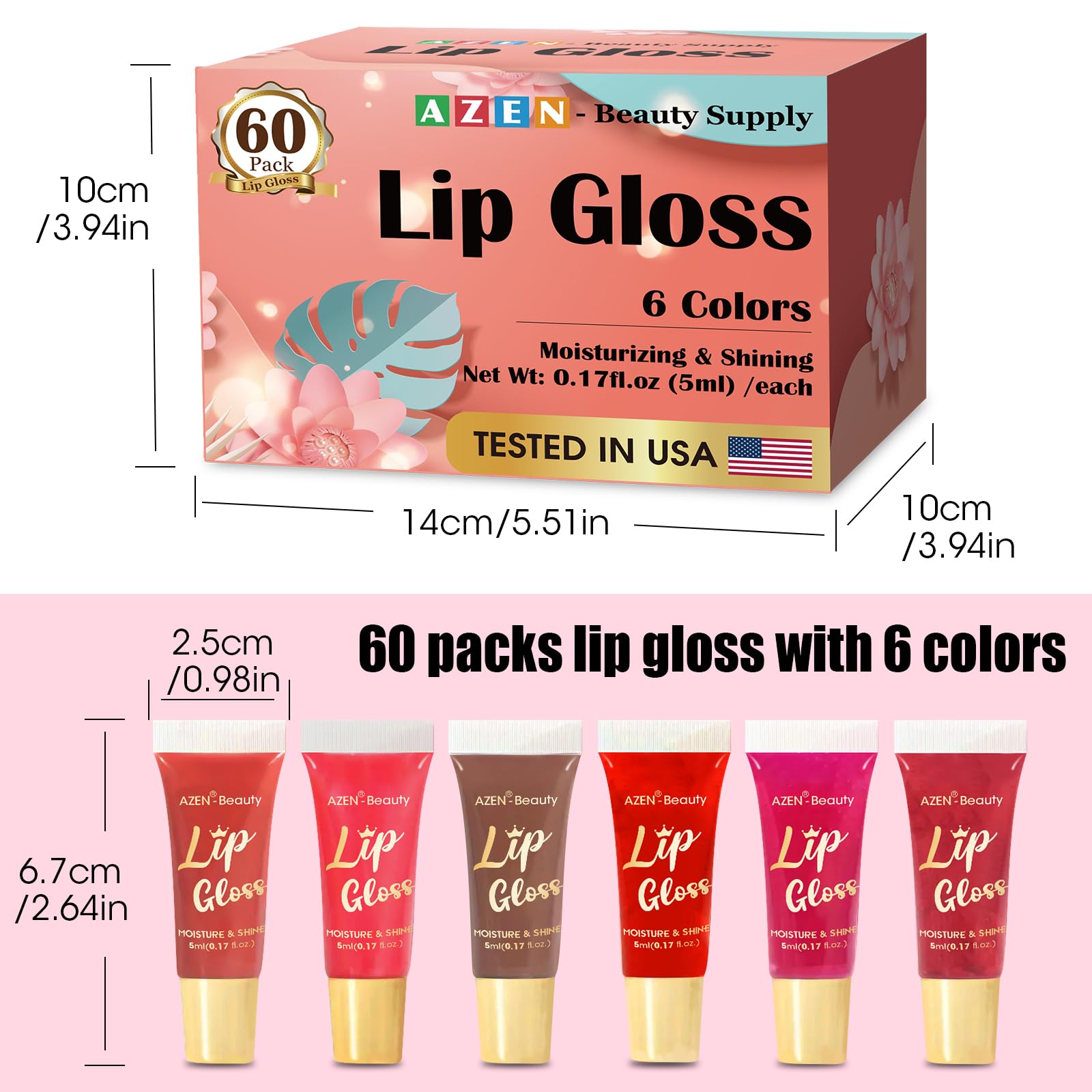 AZEN nourishing lip gloss with vitamin E for moisture.