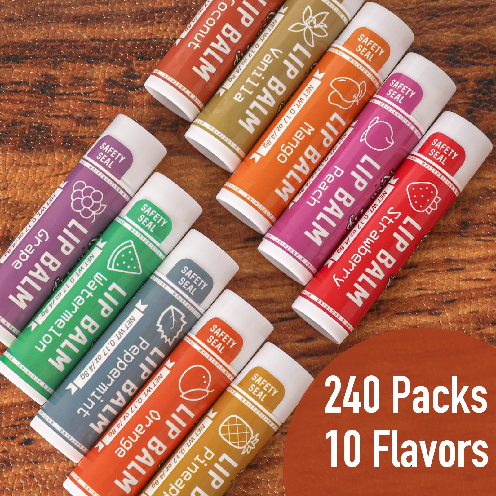 AZEN lip balm 10 flavors label close-up for easy selection