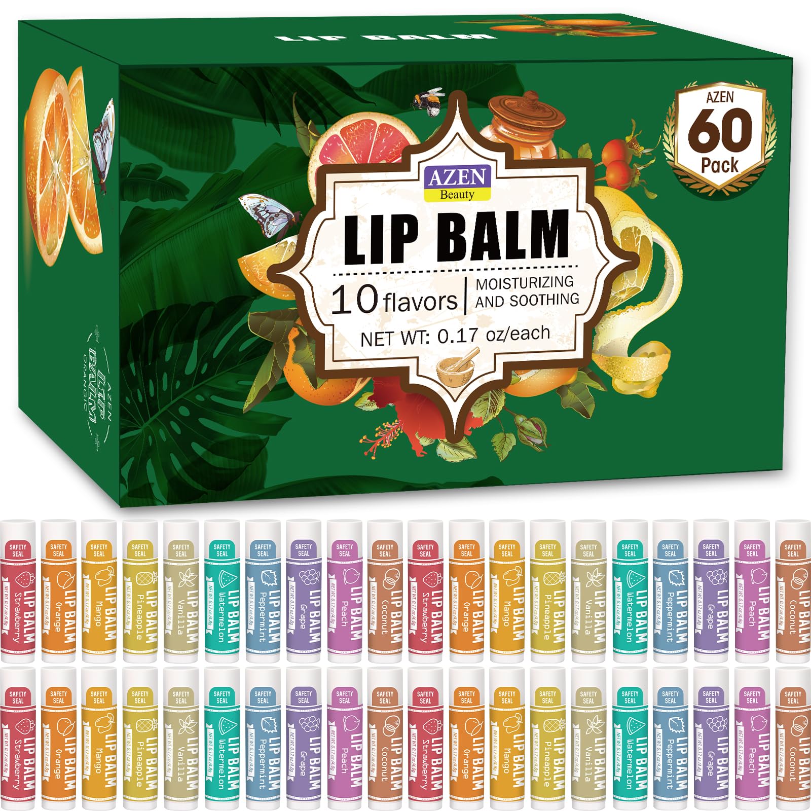 AZEN 60-pack flavors overview showing variety for daily lip care